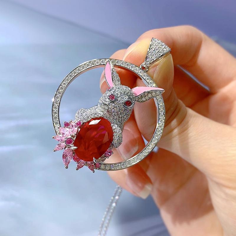 Элегантный кролик рубиновый алмазный кулон 100% Реал 925 Серебряный серебряный колье Свадебные подвески