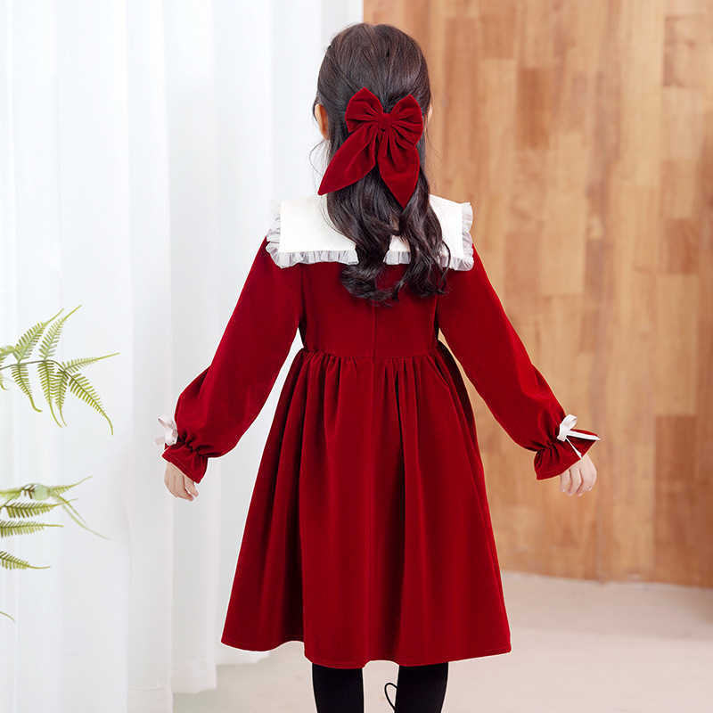 Girl's Dresses Spring Velvet Long-sleeved Red Girl's Dress Elegant Wedding Bow Birthday Party Princess Dresses Evening Gown Graduation Clothes