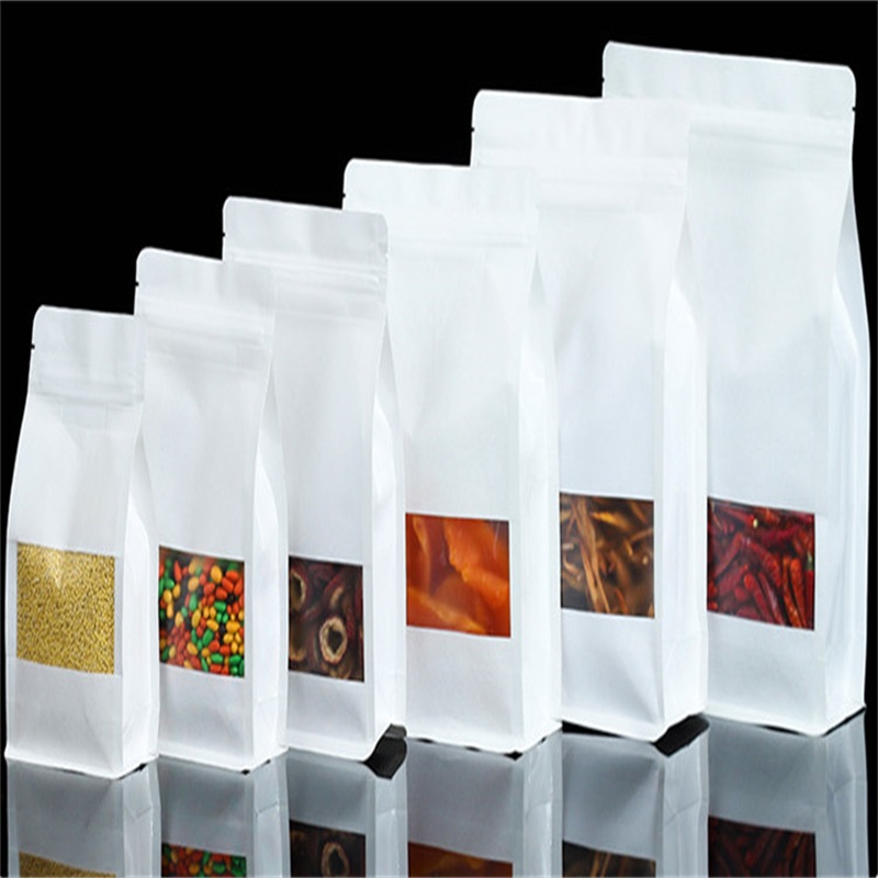 3D White Stand Up Paper Window Packaging Bags Reusable Sealed Snack Biscuits, Tea Coffee Flavors, Sugar Nuts Storage Bags, Household Storage Bags