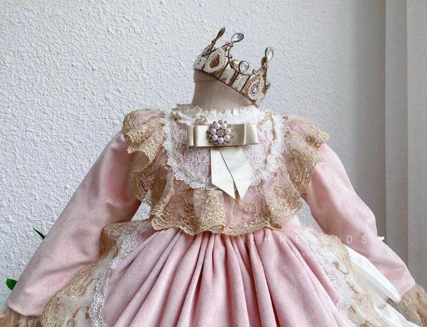 Abiti da ragazza Spagnoli Vintage Lolita Neonate Principessa Abito da ballo Bambini Fiocco in pizzo Manica lunga Abiti da festa di compleanno Y788 W0224