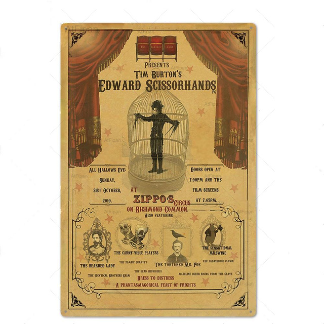 Scissorhands 클래식 영화 금속 포스터 틴 사인 플라크 영화 영화 포스터 금속 빈티지 벽 장식 남자 동굴 거실 벽 포스터 장식 크기 30x20cm w01