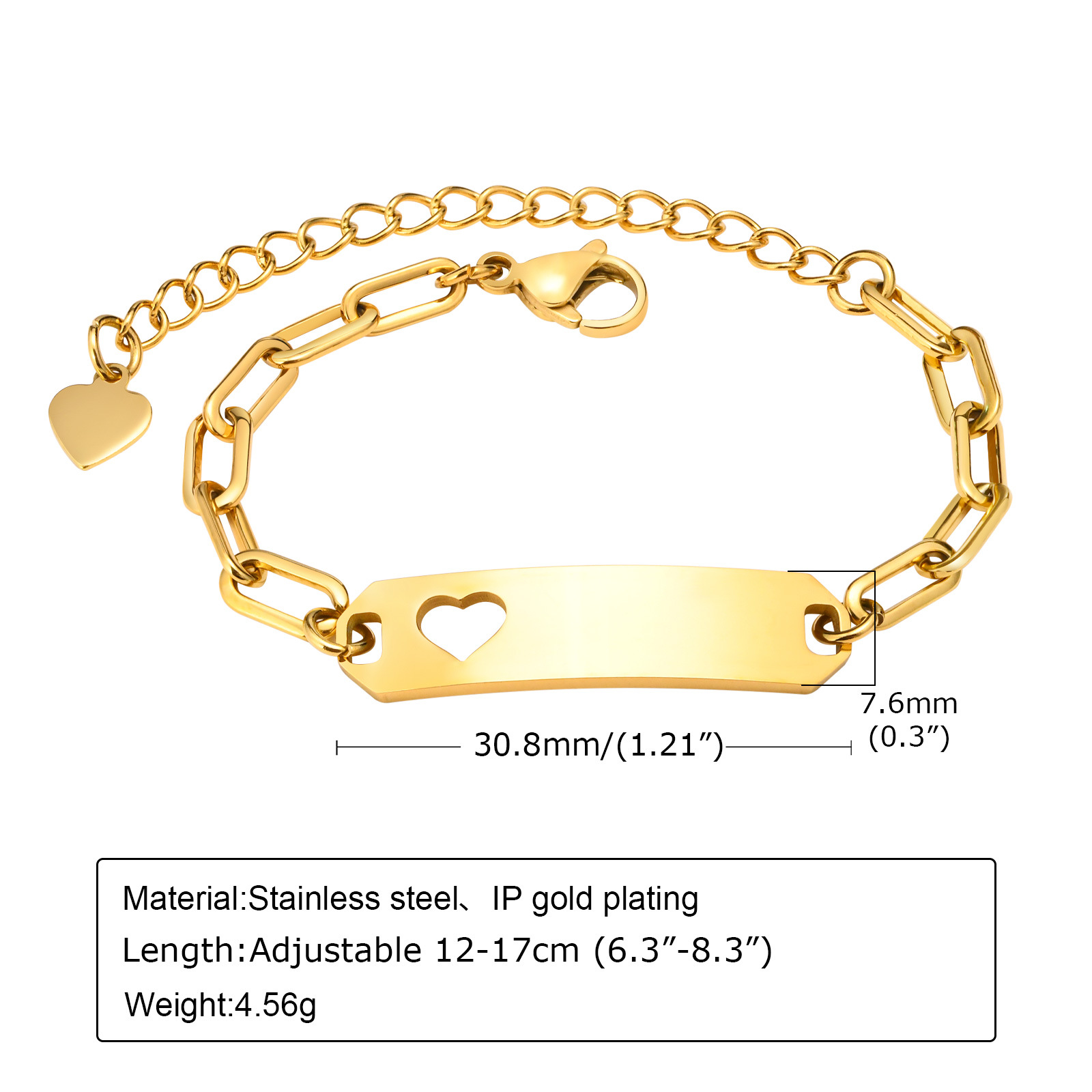 Children's Chain Bracelets Accessories Jewelry Stainless Steel DIY Heart ID Bracelet For Baby 6.3-8.3inch Can Adjust Choose Color Golden/ Silver