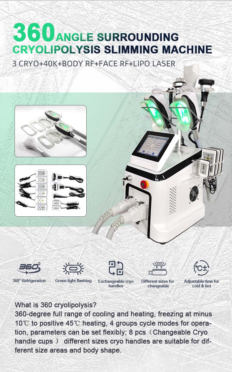 Skönhetsartiklar Portabla 360 Cryolipolysis Cavitation Slant Machine Cellulite Reduction Lipo Laser Machine 3 Handtag för dubbel hakbehandling och fettfrysning