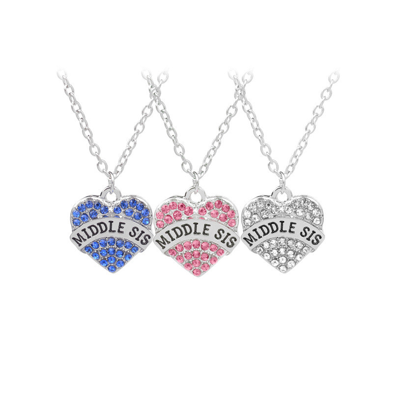 Big Little Middle Baby Sis Lettres Coeur Pendentifs Collier De Créateur Femme Sud-américain Rose Bleu Strass Chaîne En Argent Colliers Bijoux De Mode Cadeau De Famille