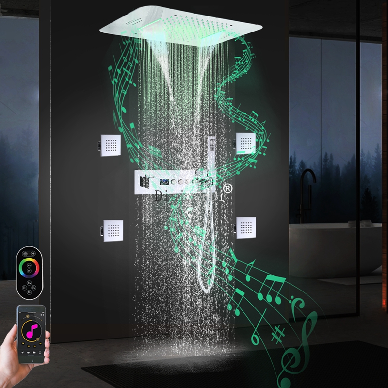 Muziek LED Douchesysteem 23x15 inch regen en waterval douchekop badkamer temperatuur display thermostatische douchekraan