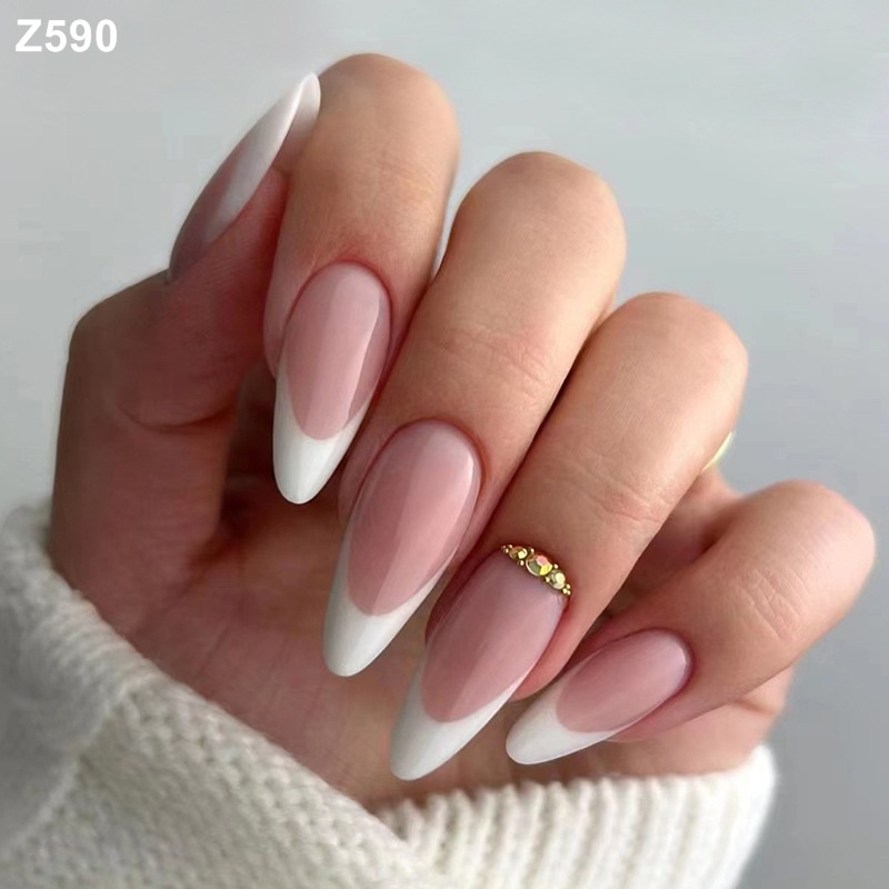 24 unidades Unhas Postiças Almond Curto Design Francês Unhas Artificiais Bailarina Cobertura Completa Pontas de Unhas Falsas