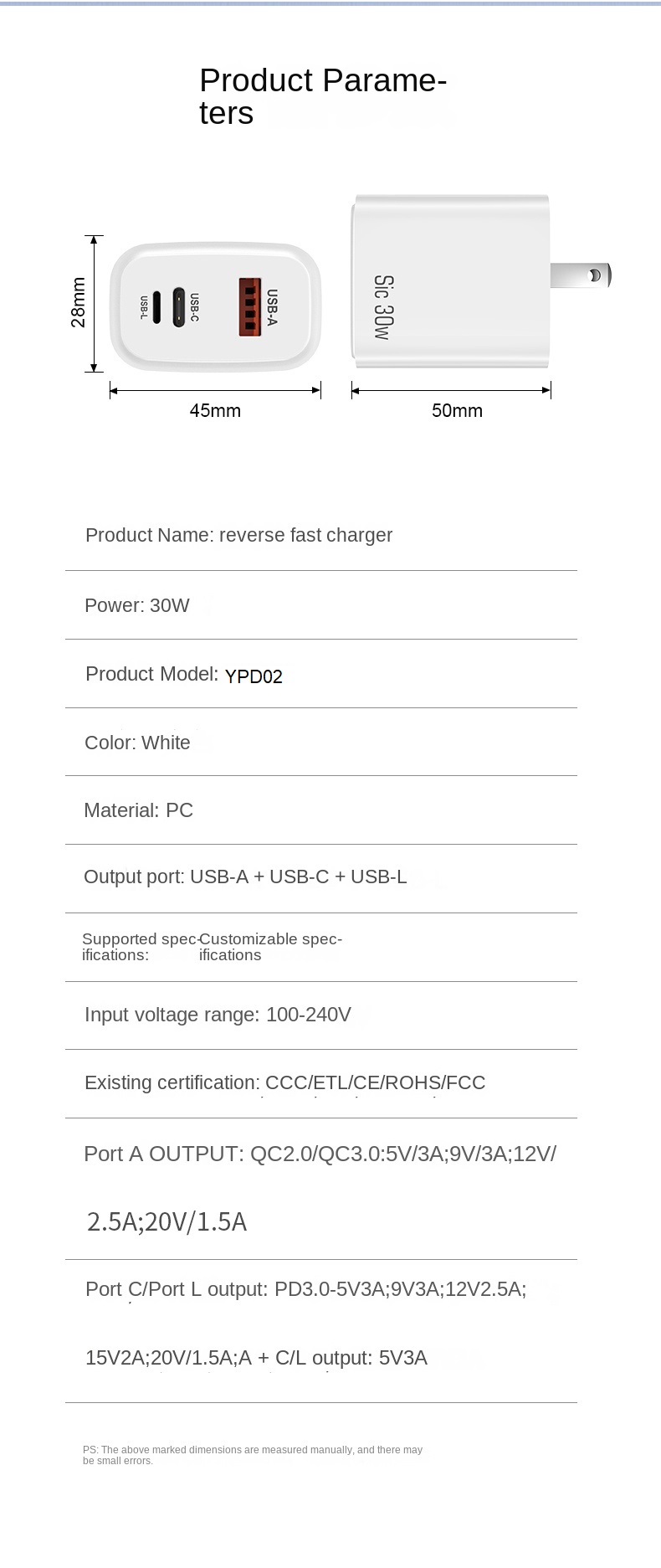 リバース高速充電 Pd 30 ワットデュアルポート USB 壁 USB-a Usb-c/l 充電器 30 ワット iP14 高速 30 ワットミニ充電器 Pd Eu OEM