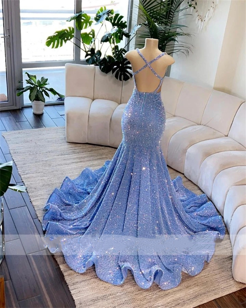 Sky Blue Sheer O Neck Long Prom Dress For Black Girls Beaded Crystal Diamond Birthday Party Dresses Sparkly Sequined Evening