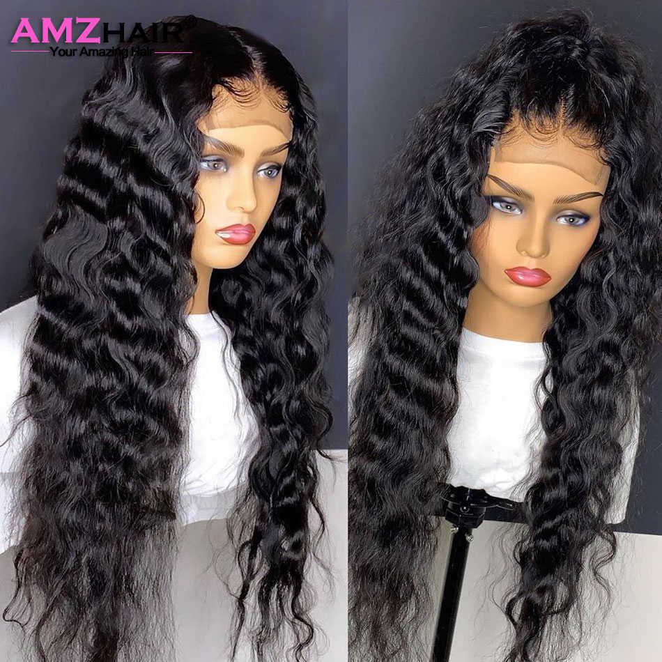 Syntetiska peruker 13x4 Indian Deep Curly Spets Front Wig Human Hair Wigs For Women Deep Wave 4x4 Stängning Wig Glueless Transparent spets frontala peruker W0306