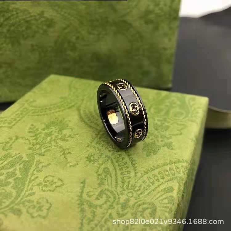 80% OFF 2023 New Luxury High Quality Fashion Jewelry for Black and White Ceramic Fried Dough Twists Gold Double Sided Couple Ring