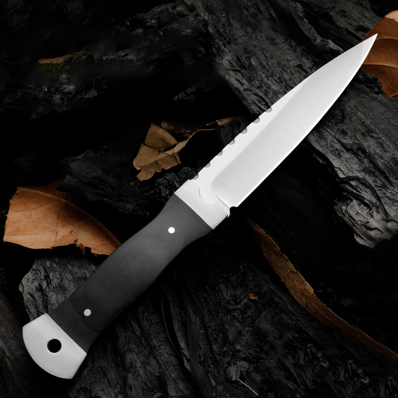 Fabrikspris H9401 Överlevnad Rak kniv 9Cr18Mov Satin Blade Full Tang Ebony Handtag utomhus camping Vandring Hunting Fixed Blade Knives With Leather Mante