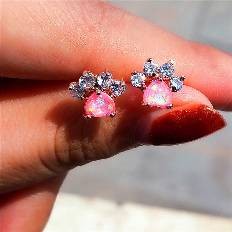 Charm White Blue Pink Opal Heart Stone Earrings Cute Cat Paw Dog Claw Stud Earrings For Women Wedding Rose Gold Silver Color Earrings G230307