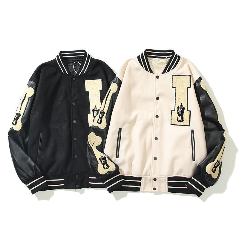 Men Jackets and Womens Leather Sleeves Spliced with Bones Vintage Wool Baseball Uniform Jacket Coat