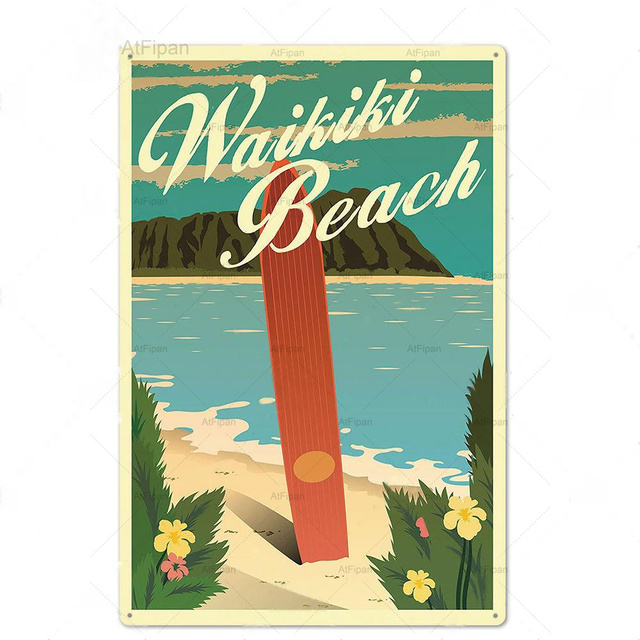 Plaque de signe en étain de plage d'été en métal, plaque d'été en métal, décoration murale pour bar de plage, maison de plage, club de surf, peinture décorative en fer, signes personnalisés pour l'extérieur en métal 30x20 w01