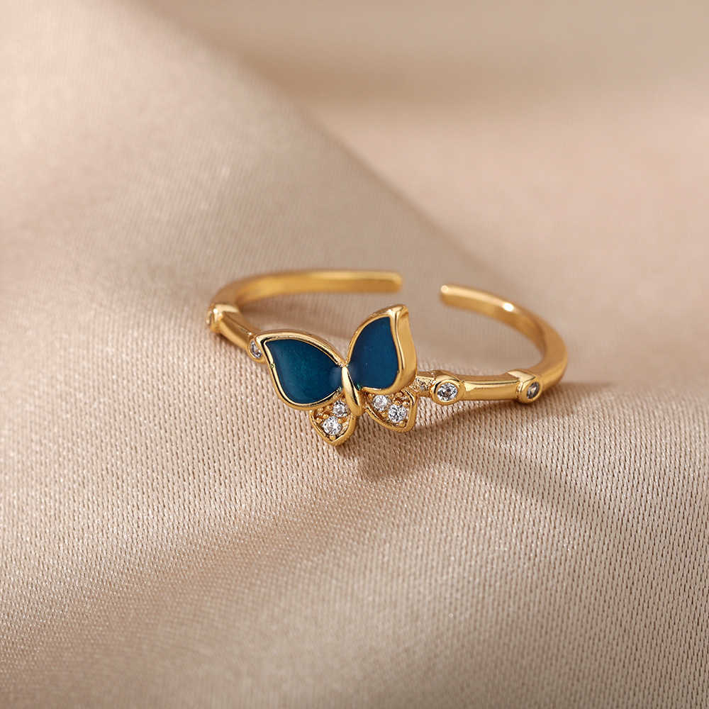 Band Rings Vintage Blue Butterfly Rings For Women Crystal Shiny Zirconia Blue Enamel Finger Ring Femme Boho Femme Jewelry Accessories Gift AA230306