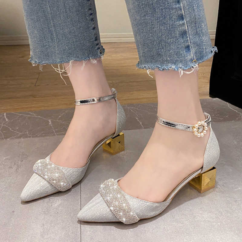 Sandal Bling Crystal High Heels Pumps Women Elegant Pearl Buckle Square Wedding Party Shoes Ladies Pointed Toe Ankle Strap 230302