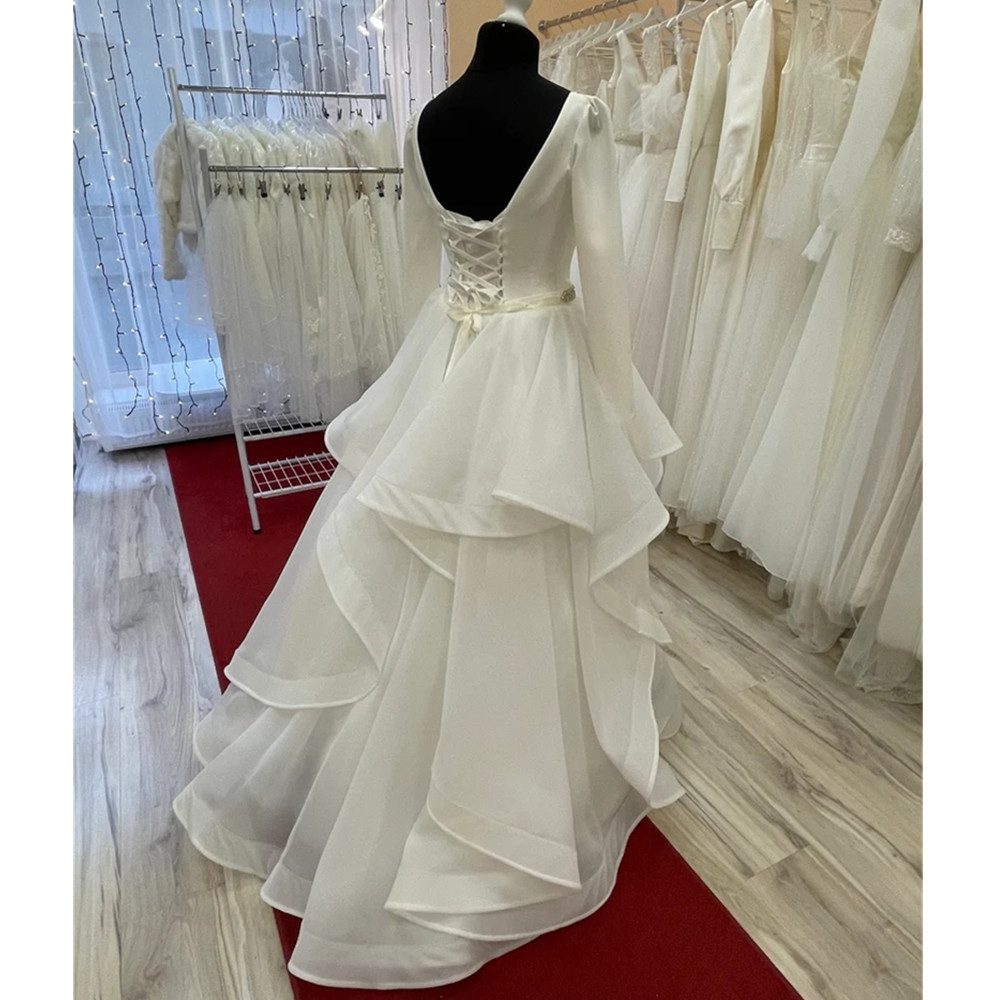 Simple A Line Wedding Dress Multilayered Ruffles Long Sleeves Bridal Gowns Long Sleeves V Neck Back Lace-up Robe de mariee