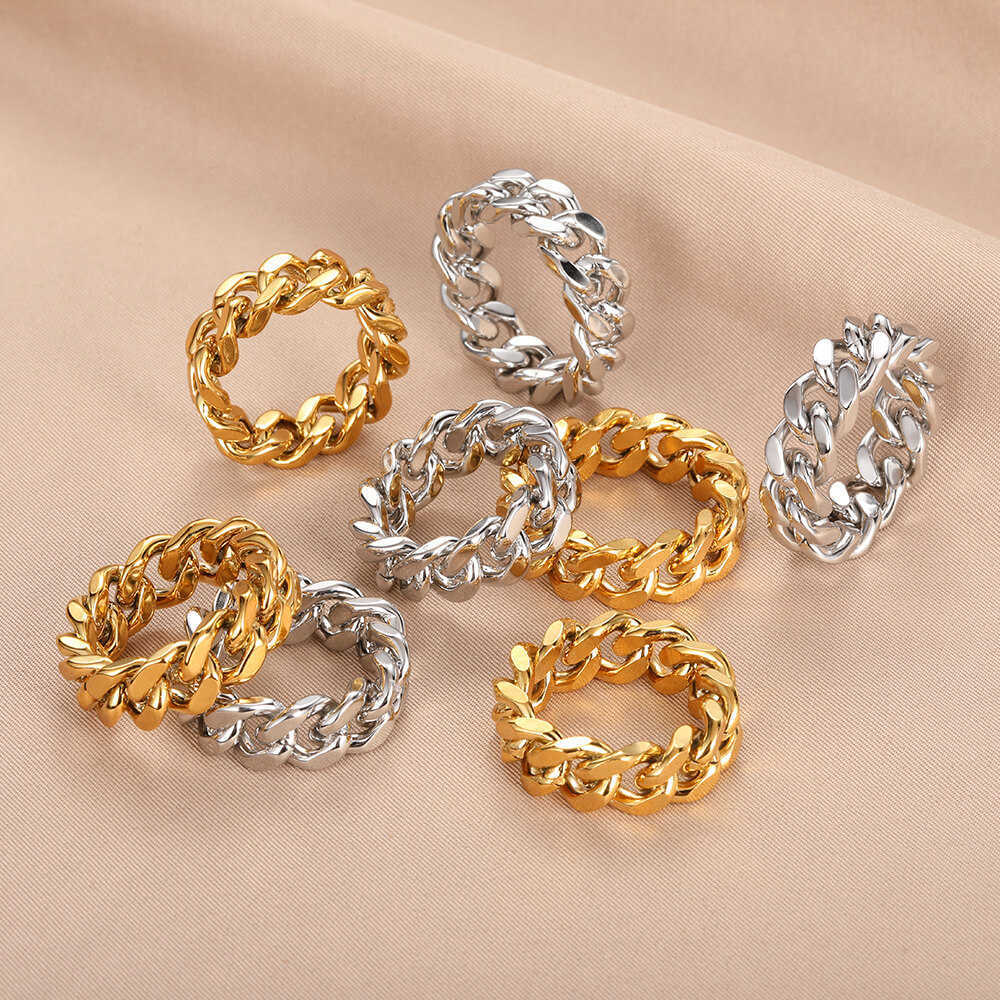Band Rings Cuban Chain Ring For Women Thick Cuban Gold Color Rings Men's Chunky Link Statement Ring Unisex Wedding Jewelry Father Day Gift AA230306