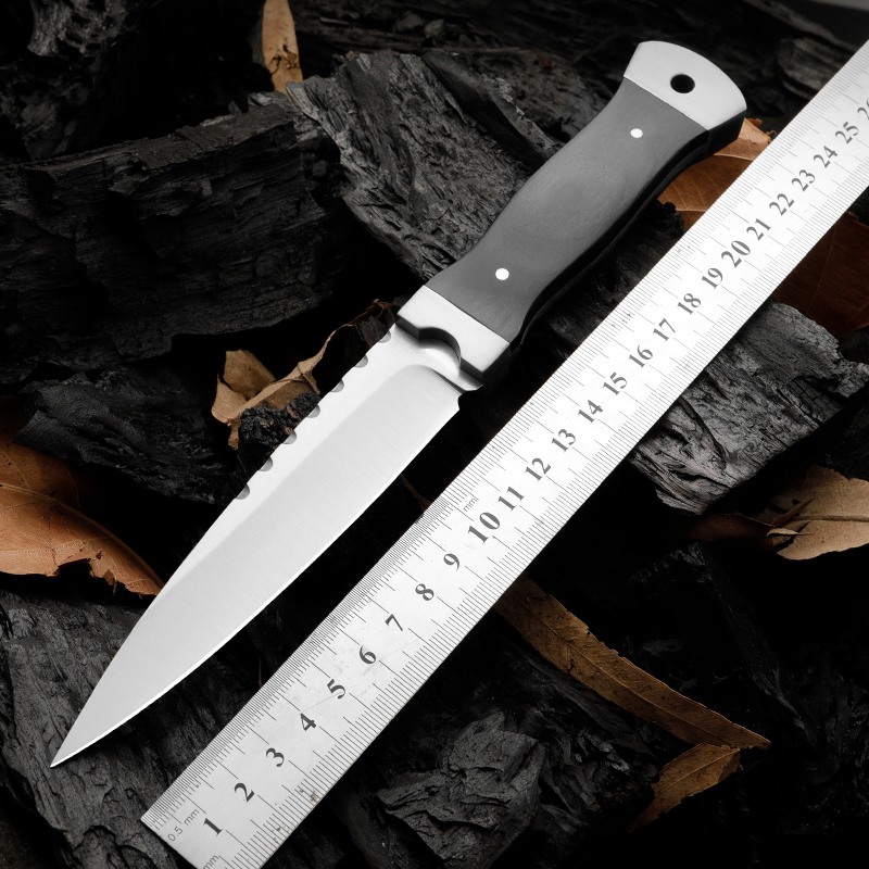 Ny ankomst H9401 Survival Straight Knife 9Cr18Mov Satin Blade Full Tang Ebony Handle Outdoor Camping Vandring Jakt