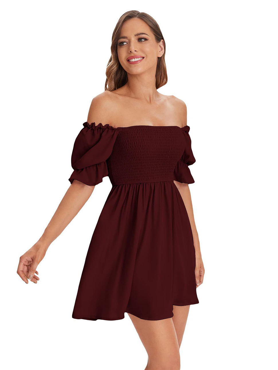 Summer Women Casual Beach Dresses Square Neck Flounce Short Sleeve Shirred Ruffle Hem A Line Mini Dress
