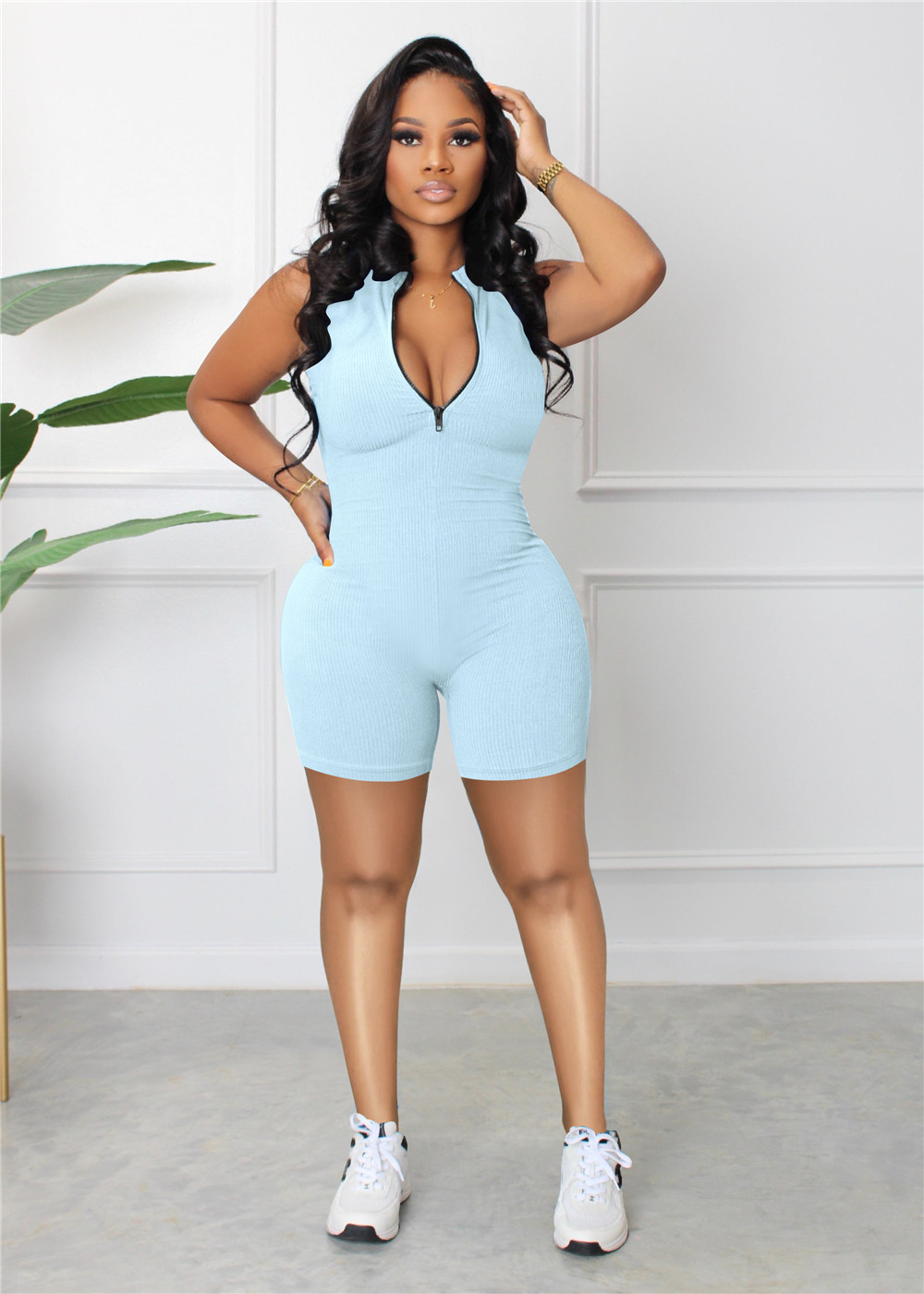 2024 Designer Geribbelde Rompertjes Zomer Dames Mouwloze Jumpsuits Casual Solid Rits Bodycon Speelpakjes Eendelige Overalls Bulkartikelen Groothandel Kleding 9415