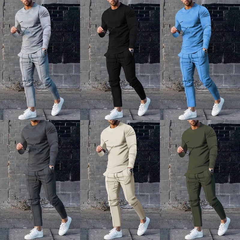 Mężczyźni Autumn Slim Sports Suit Dwuczęściowy okrągły szyjka T-shirt Pants Suit T-shirt i dresowy dres dresowy