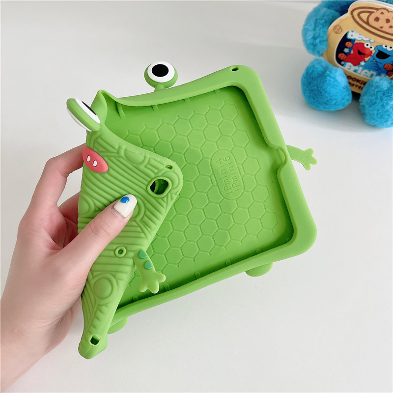 Niedliche 3D-Cartoon-Frosch-Silikonhülle für Apple iPad Pro Air Mini, 360 ° drehbare Halterung mit Riemen