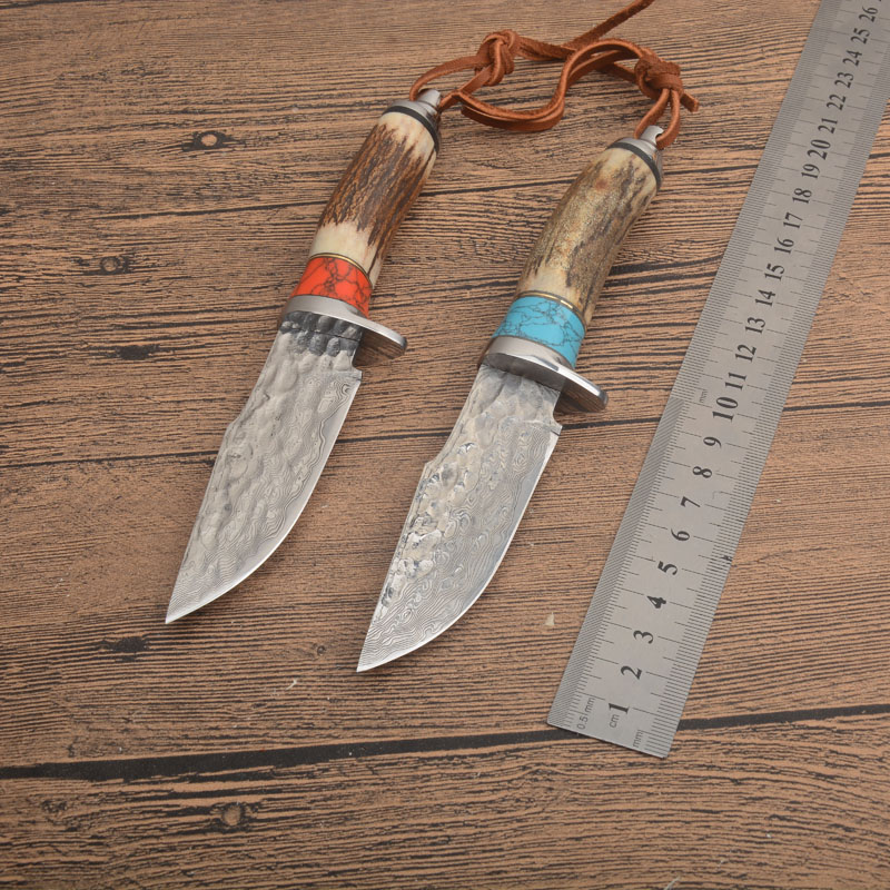 Promotion G7201 Survival Straight Hunting Knife Damascus Steel Drop Point Blade Deer Horn Handle Outdoor Fixed Blade Knives with Leather Sheath