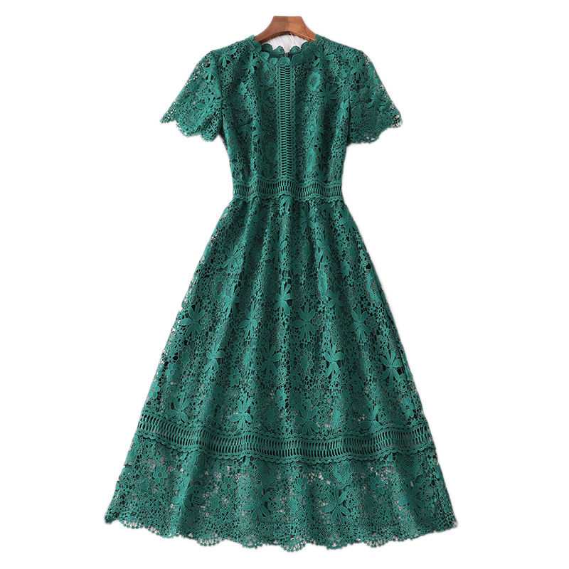 2023 Summer Green Panelled Floral Lace Dress Short Sleeve Round Neck Hollow Out Midi Casual Dresses M3M036353