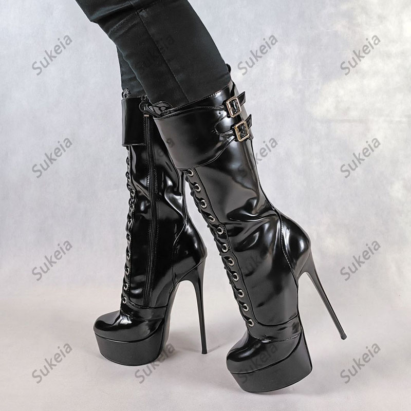 Sukeia Handmade Women Winter Mid Calf Boots Round Toe Buckle Strap Stiletto Heels Black Prom Shoes Ladies US Size 5-20