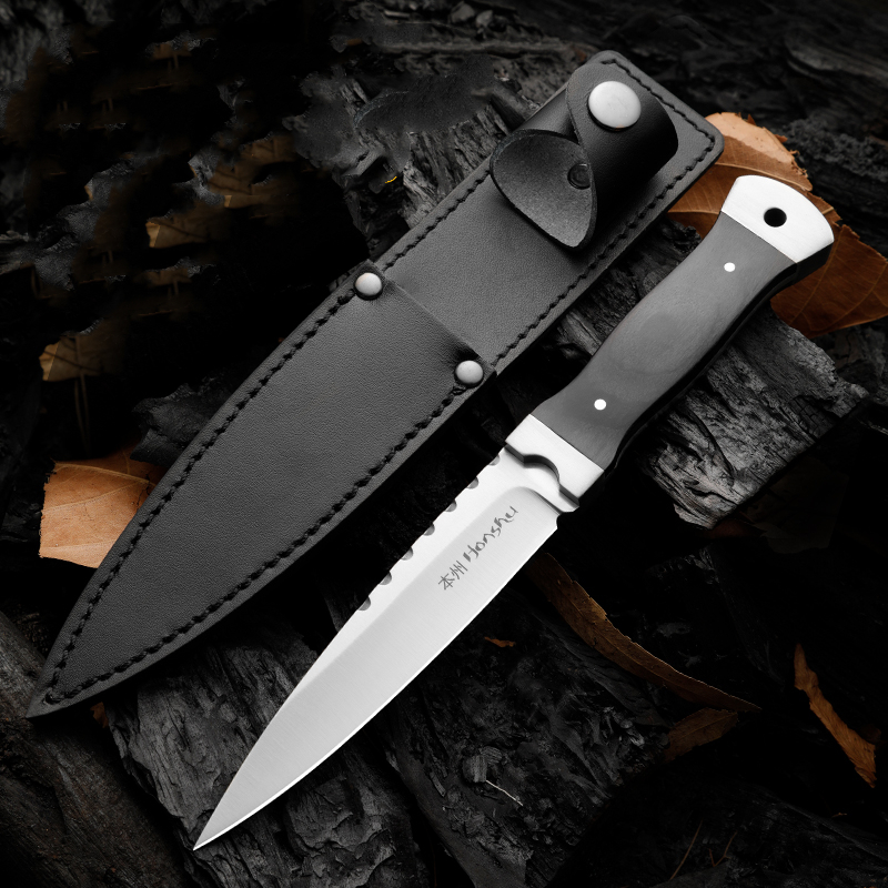 Honshu H9401 Survival Rechte mes 9cr18mov satijnen mes volle tang ebony handvat buiten camping wandeljacht vaste mesmessen met lederen schede