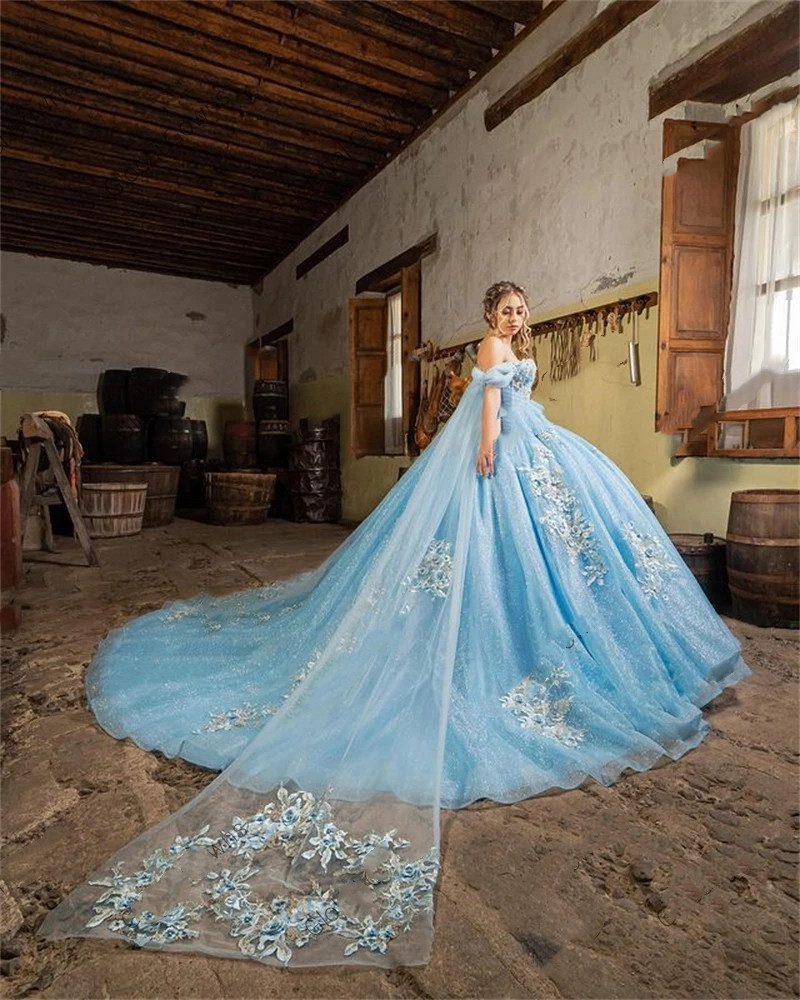 Princess Sky Blue Lace Appliques Quinceanera Dress For Girls 2023 Off Shoulder Plus Size Beaded Birthday Party Prom Gowns