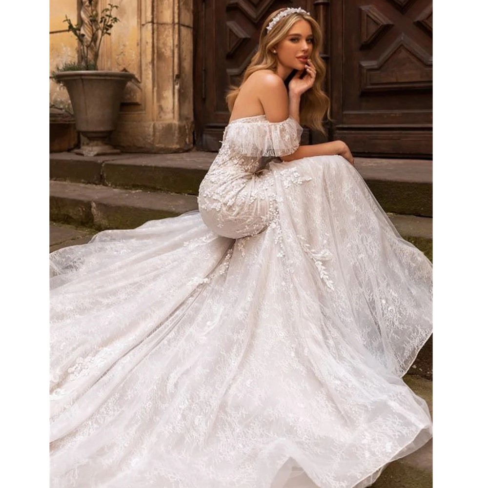 2023 Lace Appliques Trouwjurken Exquise Mermaid Dress Dress Bruidsjurken Veeg de trein van de schouderkruidjurken van de schouder.