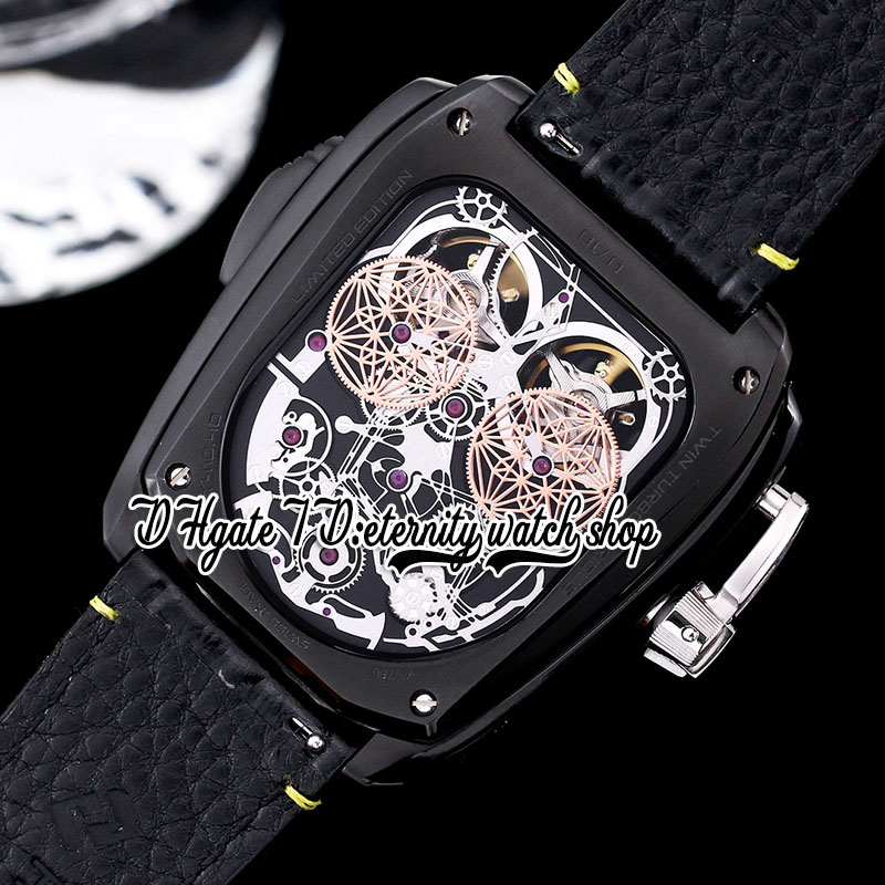 BZF Twin Turbo Montre Homme JCFM05 Twin Tourbillon Automatique Lunette Or Rose DLC Boîtier Noir Cadran Jaune Marqueurs Chiffres Bracelet Cuir Super Edition Eternity Montres