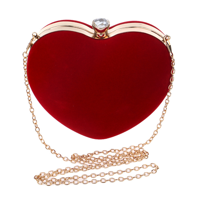 HBP Red Heart Design Women Clutch Small Diamonds Golden Velvet Evening Bags Party Wedding Handväskor Väska för kvinna