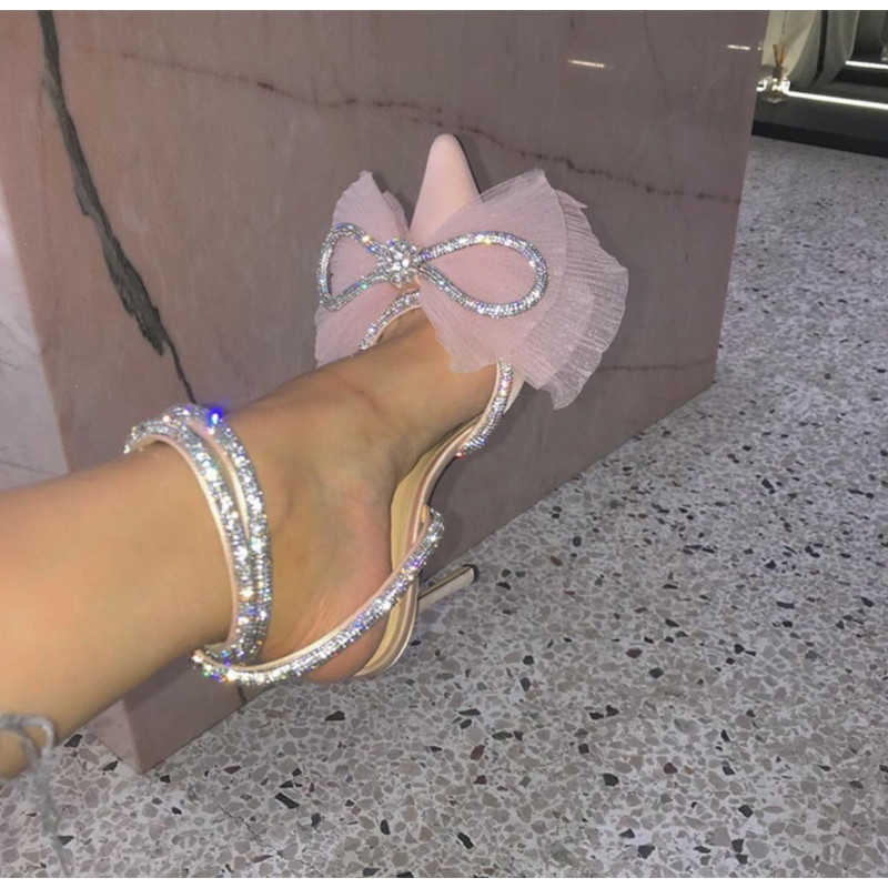 Sandals Brand Fashion Big Bowknot Women Pumps Luxury Crystal Satin High Heels Party Prom Shoes Ankle Strap Summer Wedding Bridal