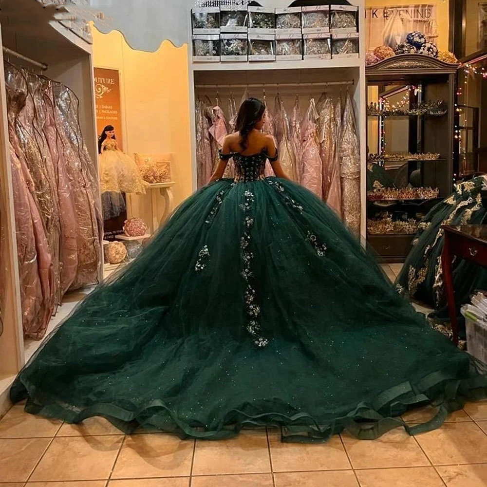 Emerald Green Illusion Sequined Appliques Quinceanera Dress 2023 Ball Gown Off The Shoulder Beading Lace Corset Vestidos De Prom Party Gowns