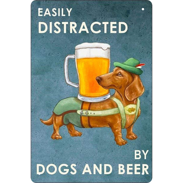 Retro funny Dog and Drink art painting Metal Plate Puppy Tin Sign Plaque Poster for Bar Club Hotel Cafe Vintage Wall Art Home Decor Iron Painting Size 30X20CM w02