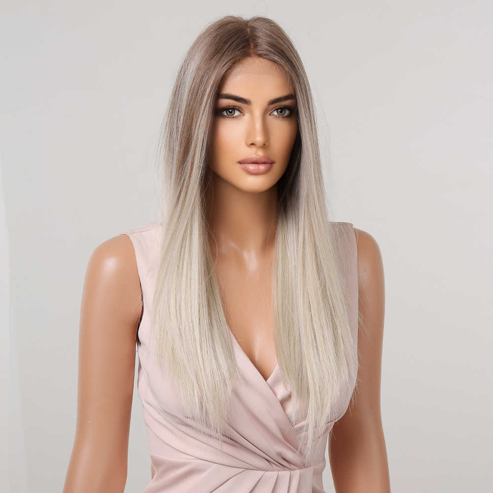 Synthetic Wigs Easihair Platinum Blonde Lace Front Synthetic Wigs Long Straight Natural Frontal for Women Cosplay Heat Resistant 230227