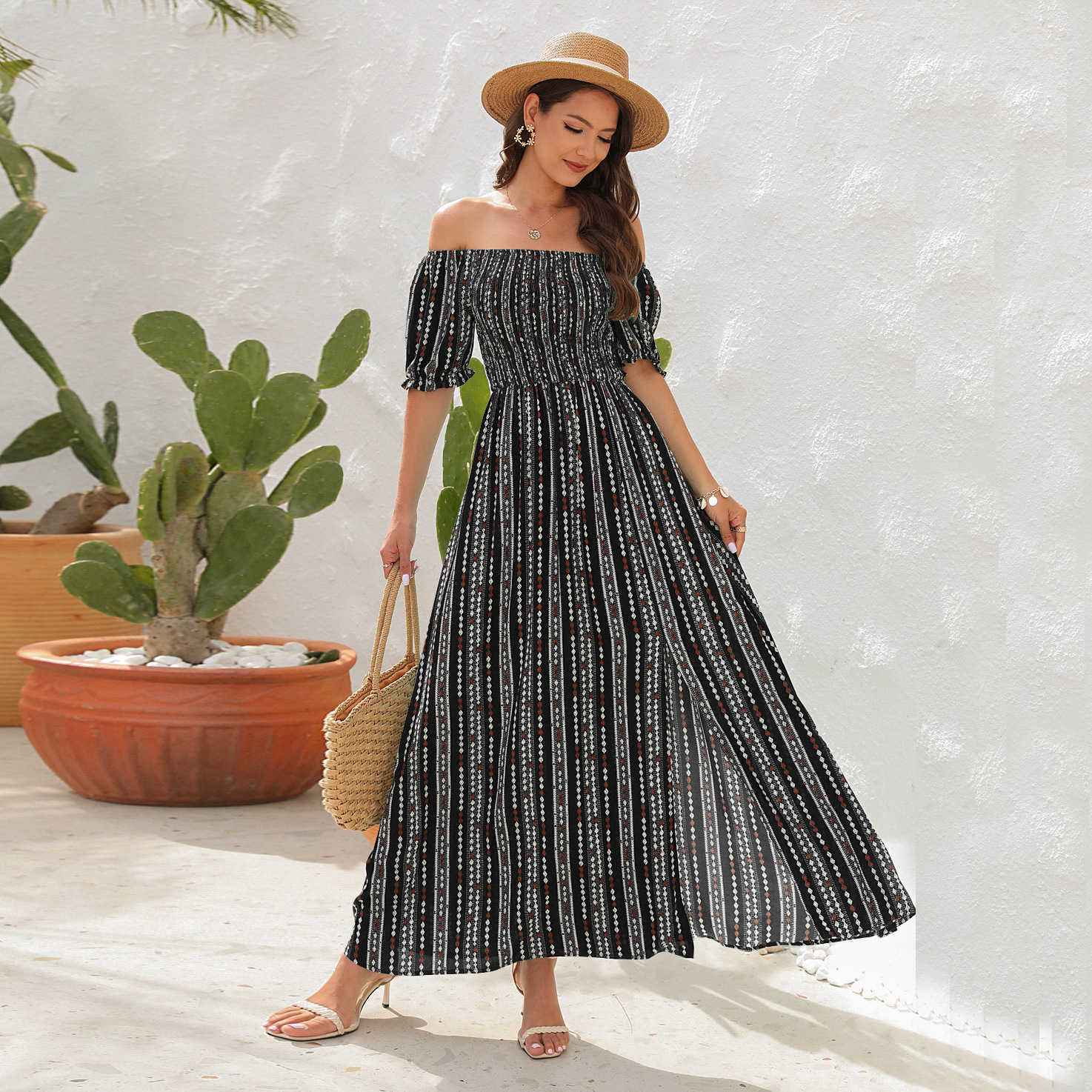 Casual Dresses Spring and summer 2023 new vertical stripe print split waist dress one-shoulder short sleeve holiday casual dress T230303