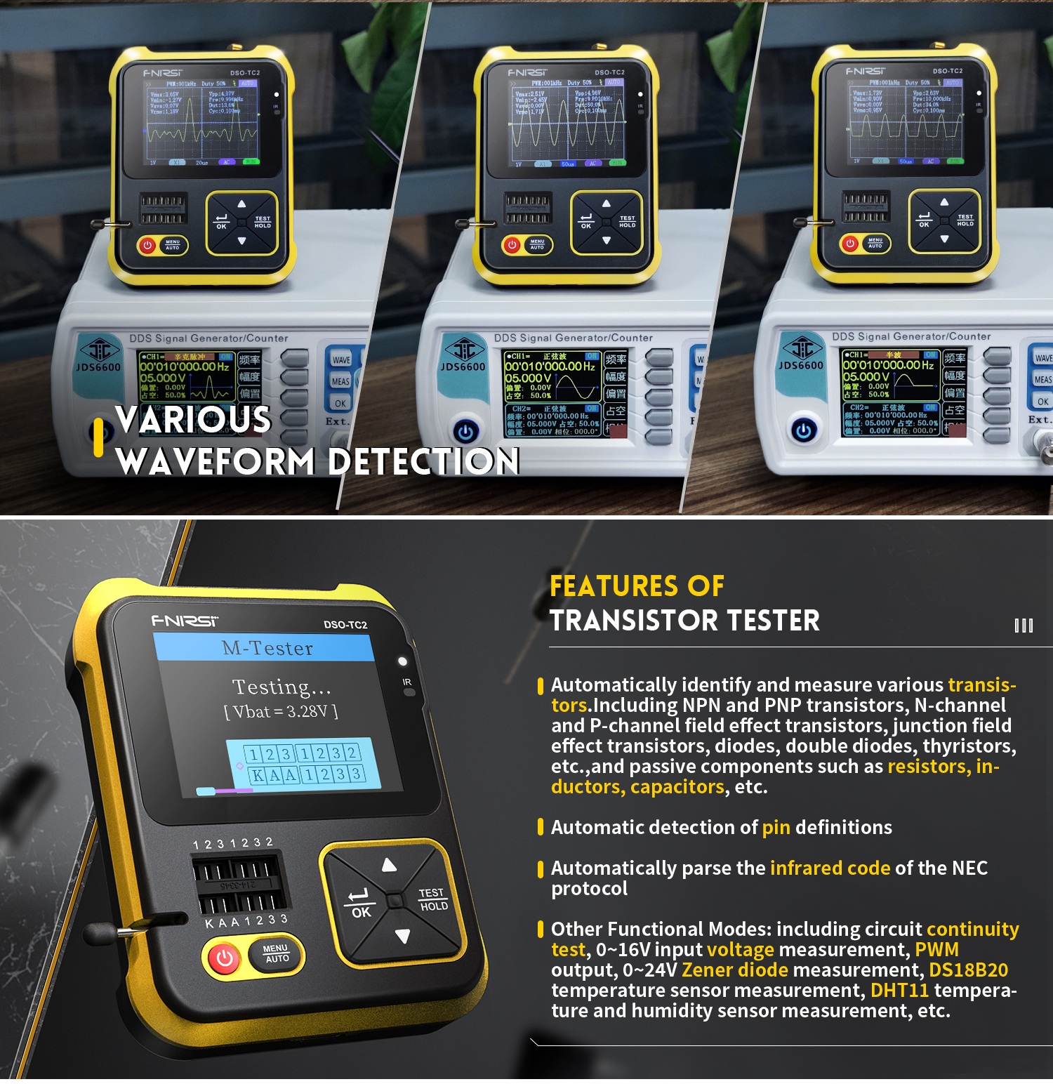 FNIRSI DSO-TC2 Handhållen digital oscilloskop Transistor Testare 2-i-1 Support Diode Kapacitansspänning LCR DETECT PWM OUT