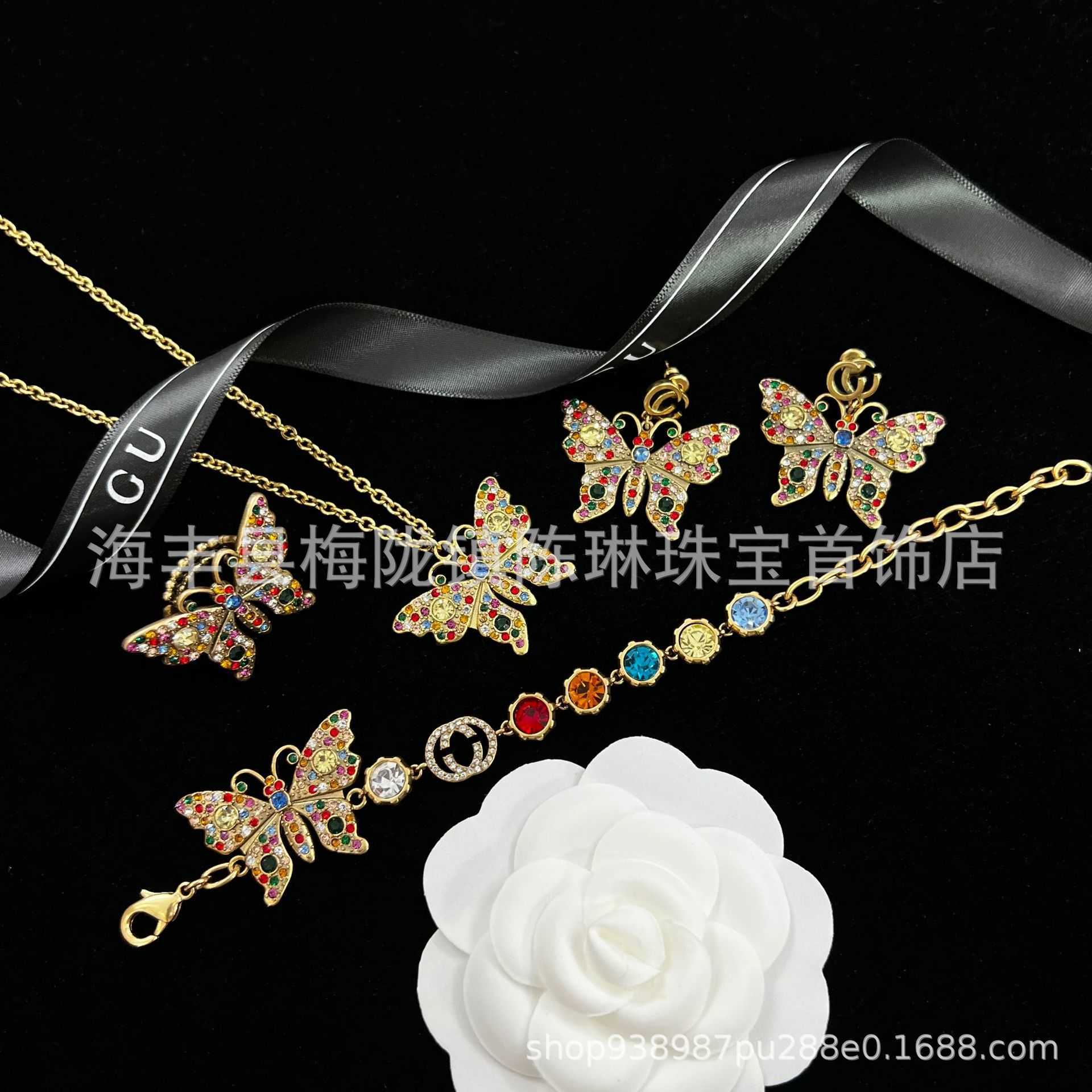 60% OFF 2023 New Luxury High Quality Fashion Jewelry for Double temperament candy color necklace personality full diamond butterfly bracelet family earring ring