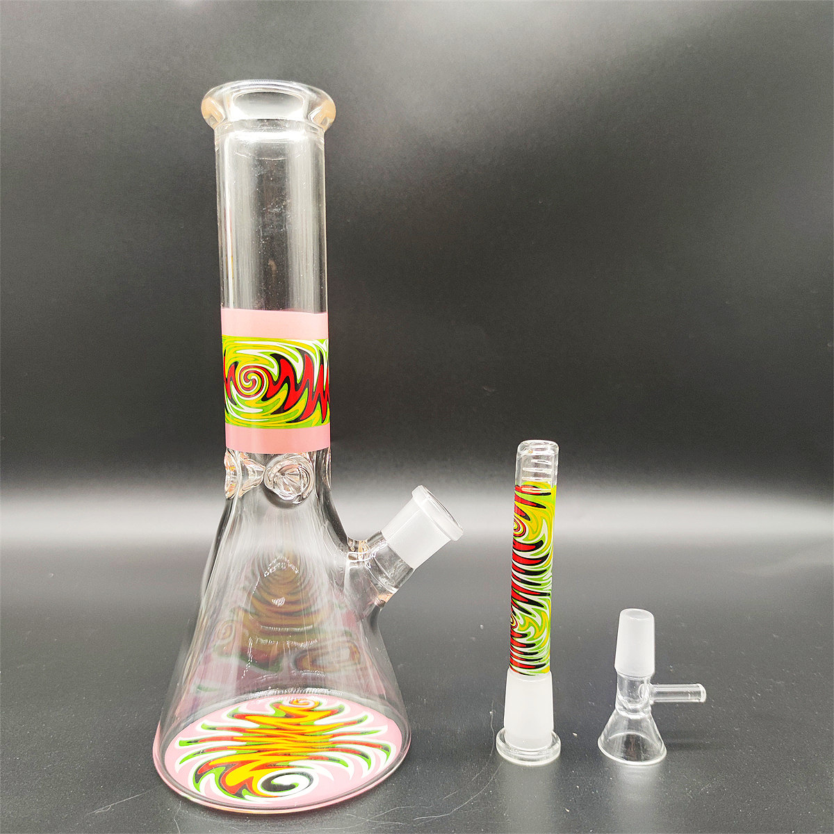 2023 Heady Bong Glasbong Wasserpfeife Pink Doodle Style Boden und Mitte OEM ODM 10 Zoll Smoking Bubbler Dabber Rig Recycler 14 mm bunter Joint Einzelhandel