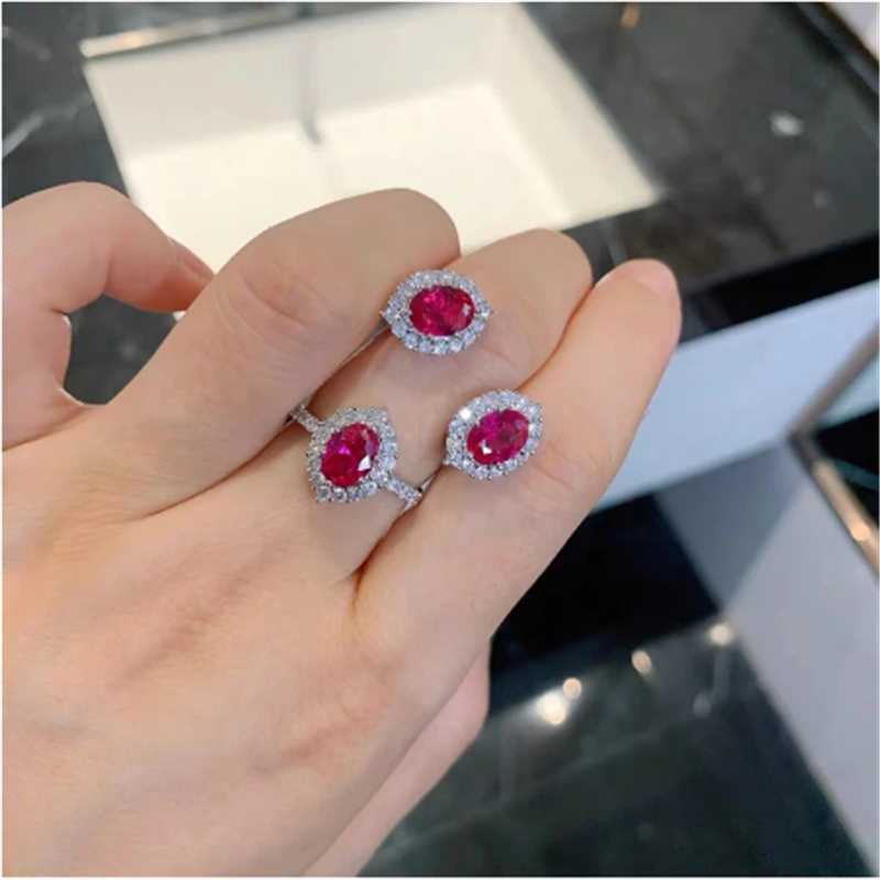 Lovers Royal Ruby Diamond Jewelry set 925 Sterling Silver Wedding Ring Earrings Necklace For Women Bridal Engagement Jewelry