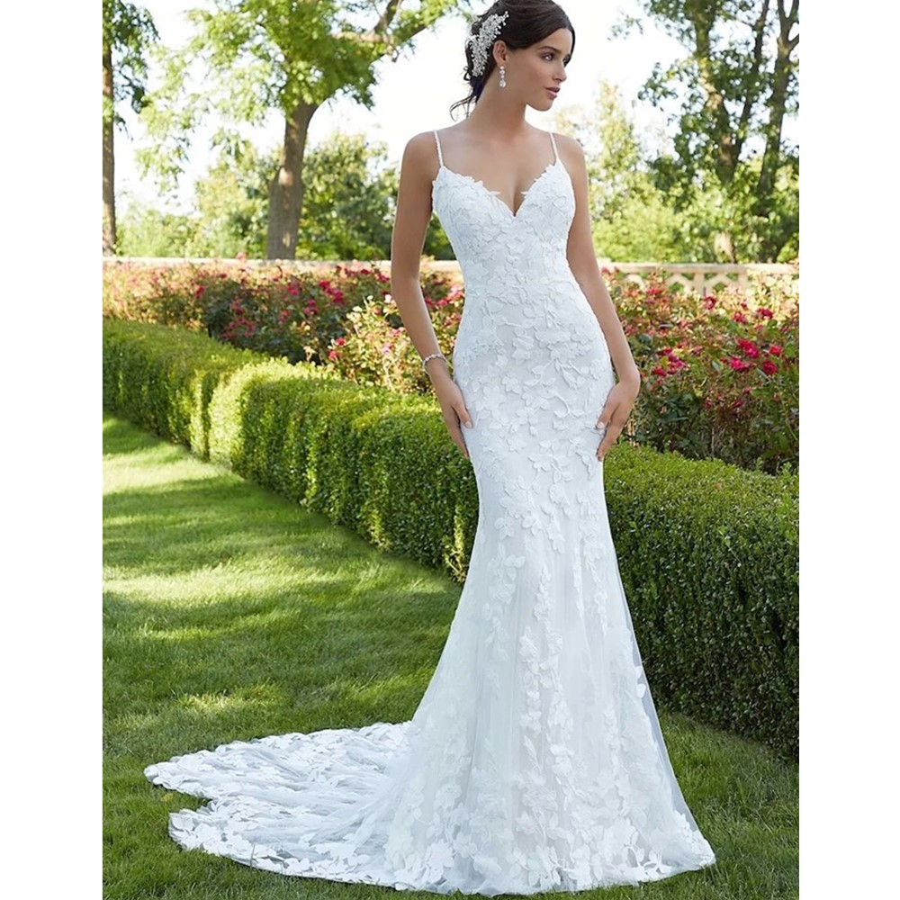 2023 Designer Lace Mermaid Wedding Dresses Bridal Gown Spaghetti Stems Open Back Satin Custom Made Sweep Train Vestidos de Novia Plus Size