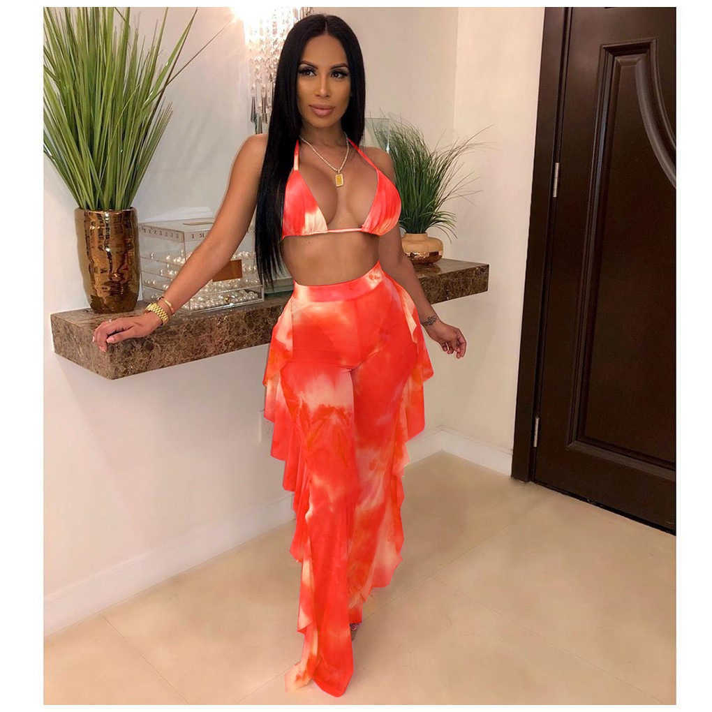 2023 Women Tracksuits 2 Two Piece Mesh Bikini Beach Set Sexy Swimwear Tie Dye Printed V Neck Backless Wear Bandage Swimsuits Wholesale Pleated Pants