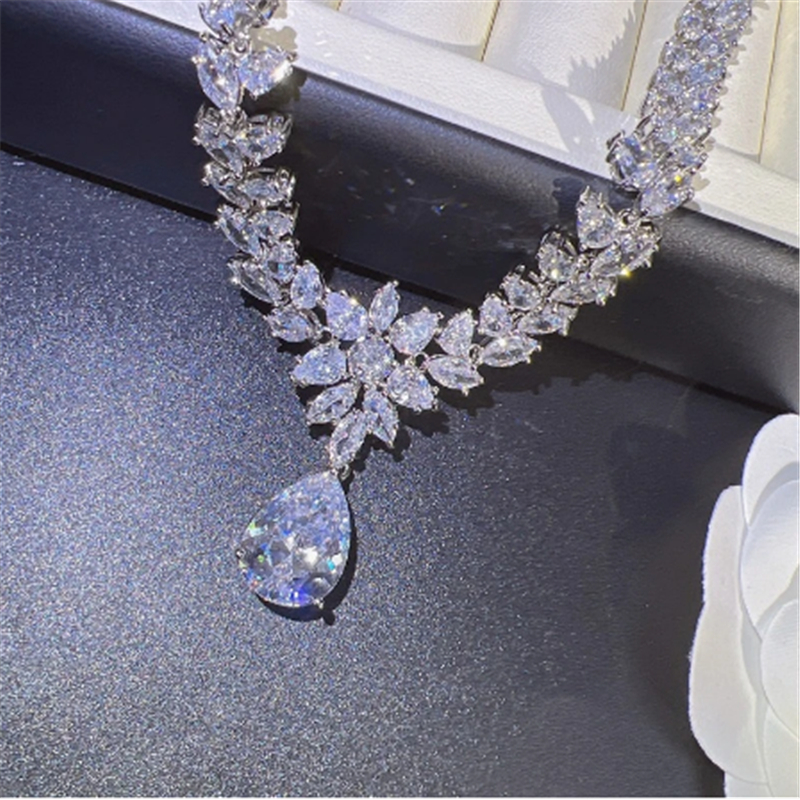 Conjunto valioso de jóias de diamante de laboratório 925 Brincos de colar de casamento de prata esterlina para mulheres presentes de jóias de noivado de noiva