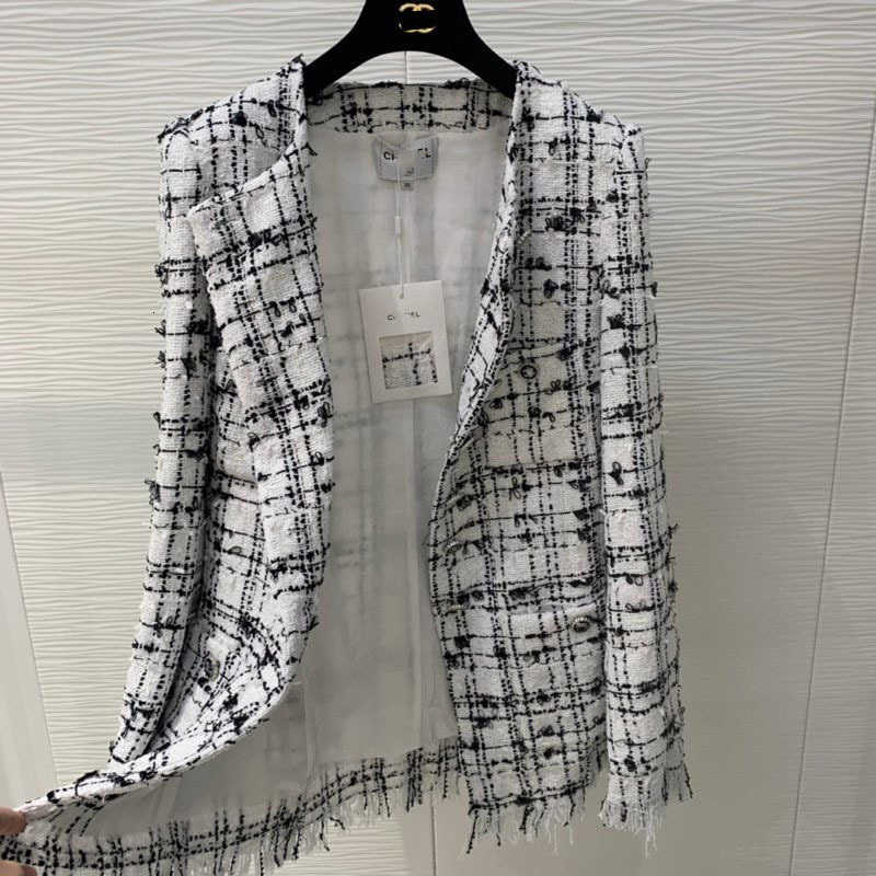 Women's Wool & Blends designer Early spring new style small fragrance temperament soft tweed woven fringe plaid comfortable versatile round neck suit coat 6W74 JZF7