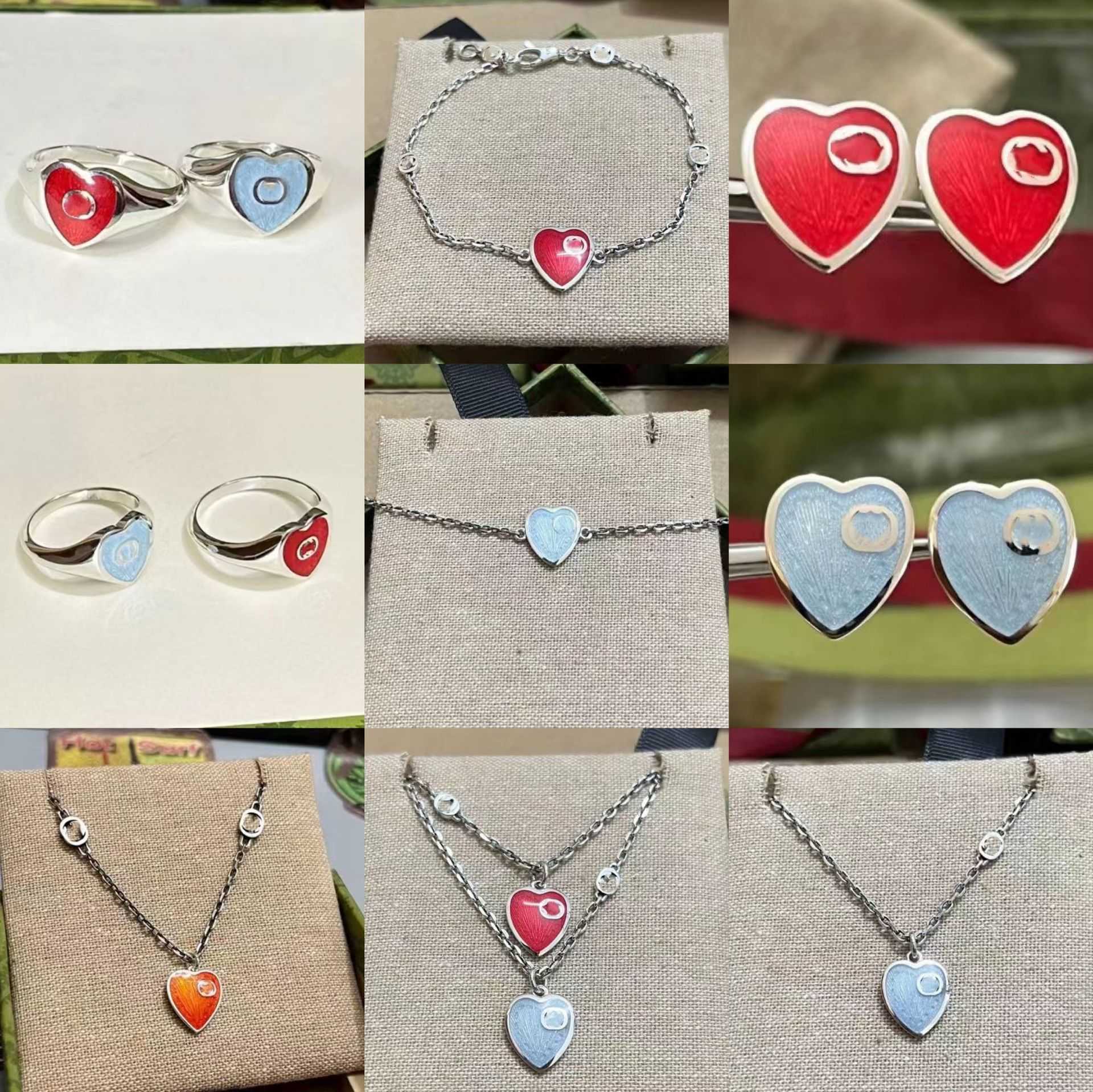 Fashion Collection 2023 New Luxury High Quality Fashion Jewelry for family double red blue heart-shaped love necklace ring bracelet enamel earrings