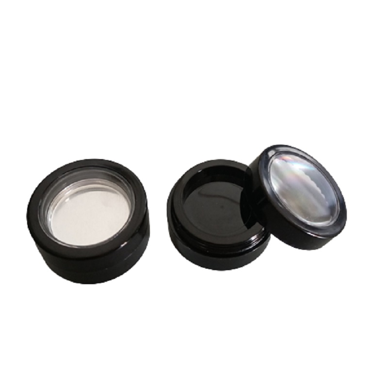 Boîte de fard à paupières Échantillon Boîte de rouge à lèvres Couvercle à vis de lucarne transparent Vide Rond brillant en plastique noir Palette de poudre de fard à joues 26,7 mm Récipient d'emballage cosmétique